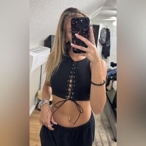 Black Sleeveless Crop Tank Top with Tie Front